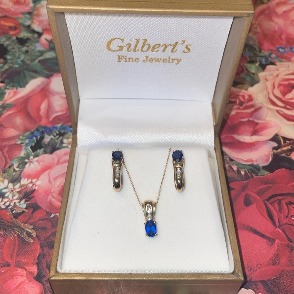 Sapphire Diamond 10K Gold Necklace Earrings Set
